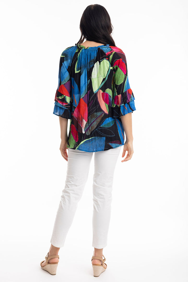 Orientique Seychelles Print Frill Sleeve Top 9235 - Experience Boutique