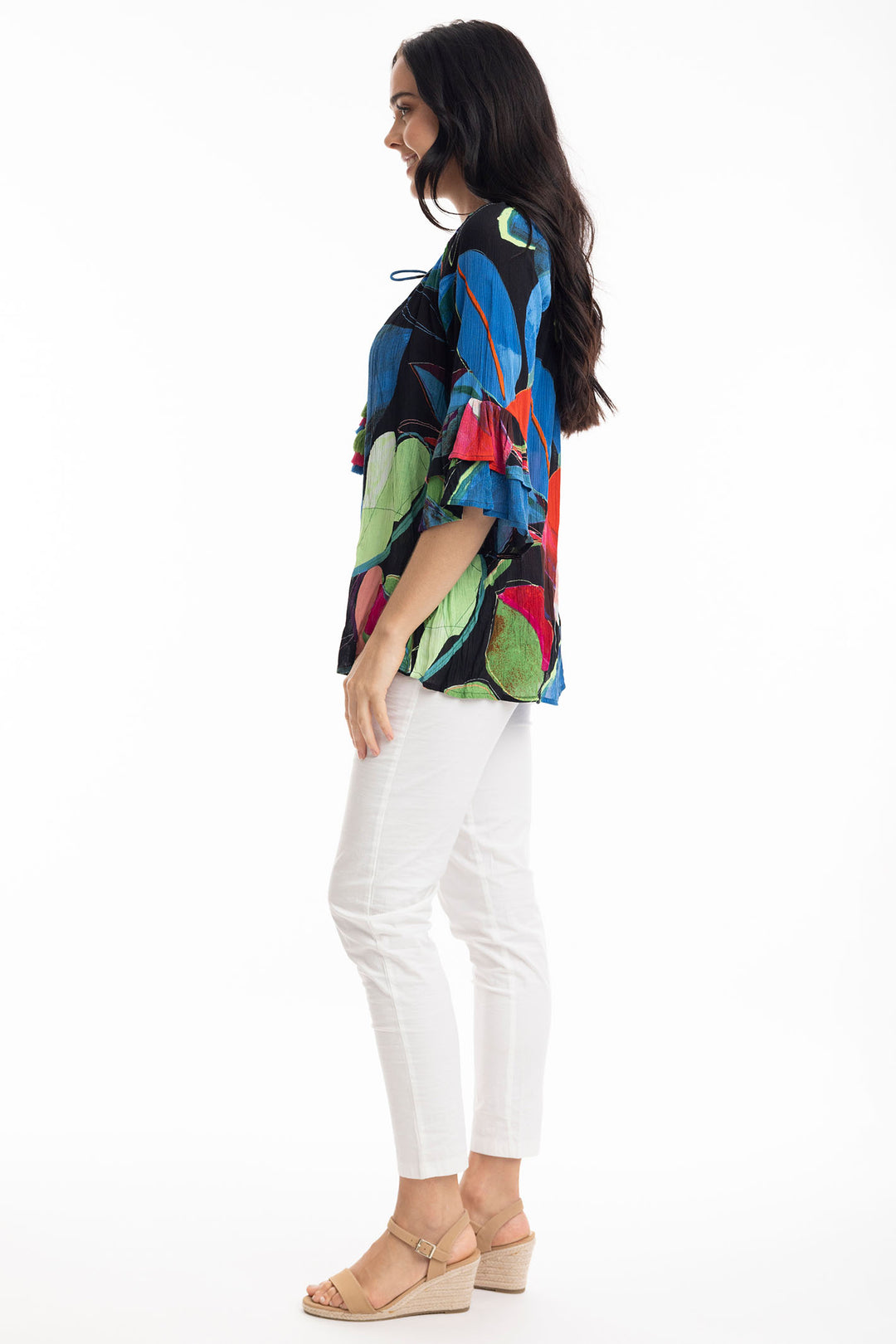 Orientique Seychelles Print Frill Sleeve Top 9235 - Experience Boutique