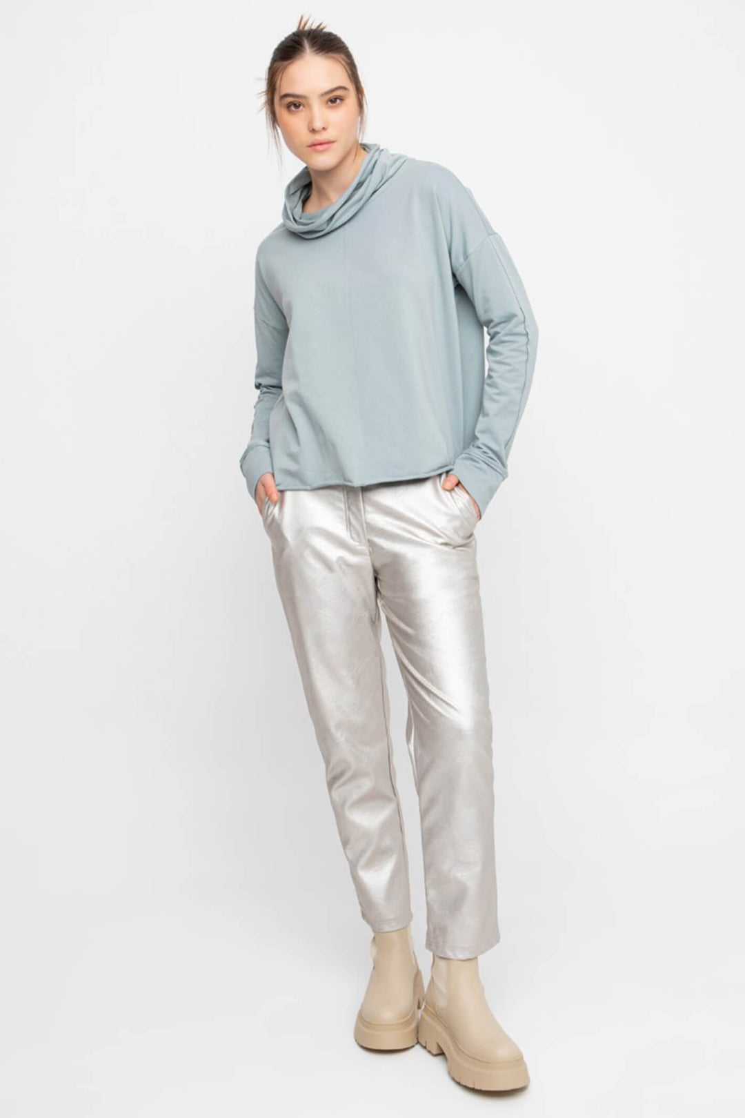 Ozai N Ku 744 103 Metallic Silver Gloss Faux Leather Trousers