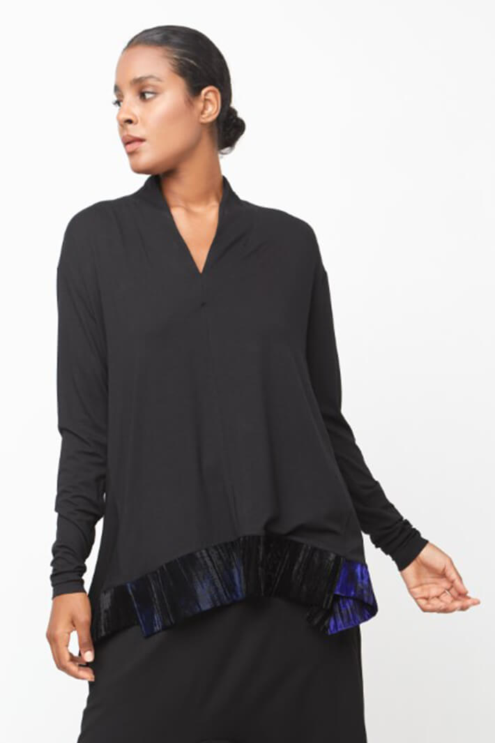 Ozai N Ku 744 112 Black & Blue Velvet Trim Top - Experience Boutique