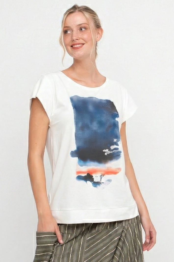 Ozai N Ku 860754 White Blue Motif T-Shirt Top