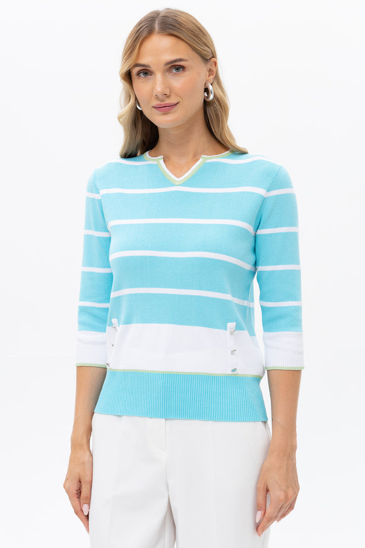 Passioni 19162 Turquoise White Stripe Split Neck Jumper