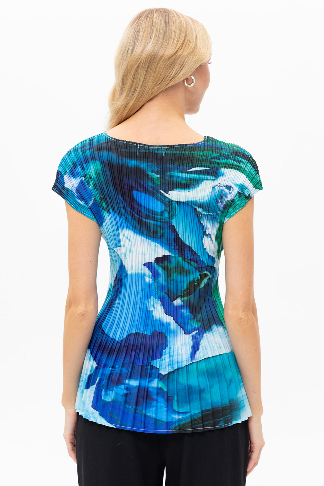 Passioni 19189 Blue Water Print Plissé Cap Sleeve Top