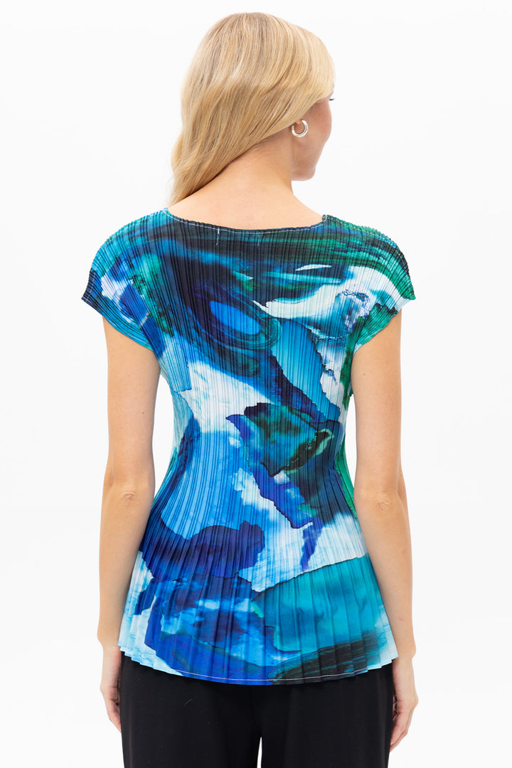 Passioni 19189 Blue Water Print Plissé Cap Sleeve Top