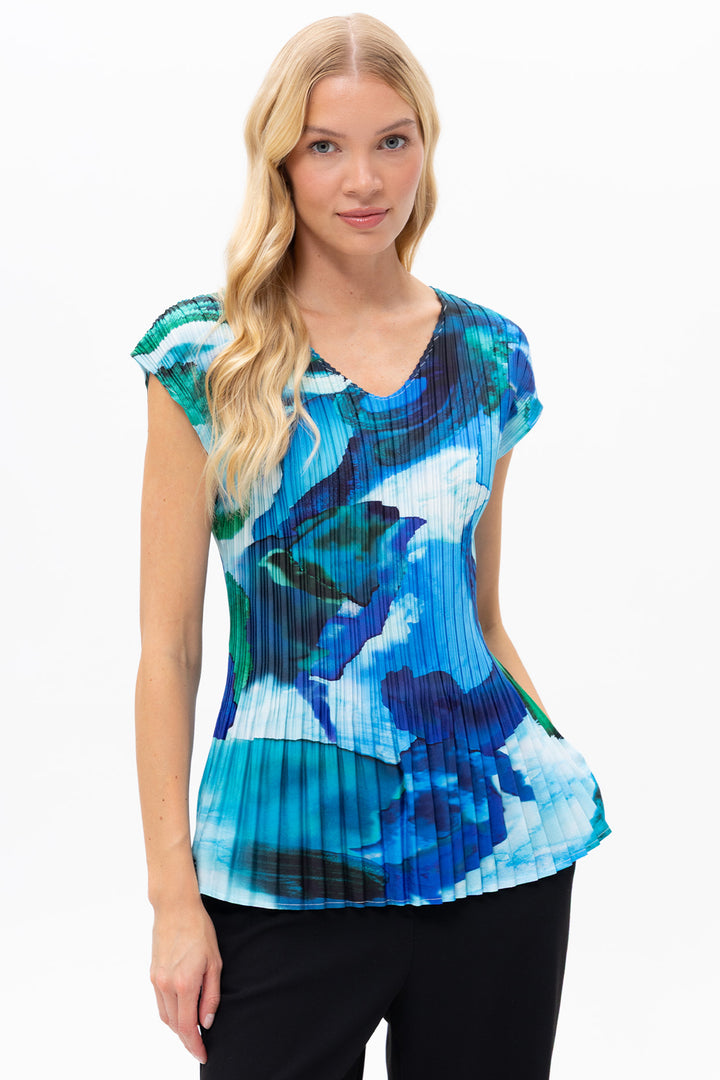 Passioni 19189 Blue Water Print Plissé Cap Sleeve Top