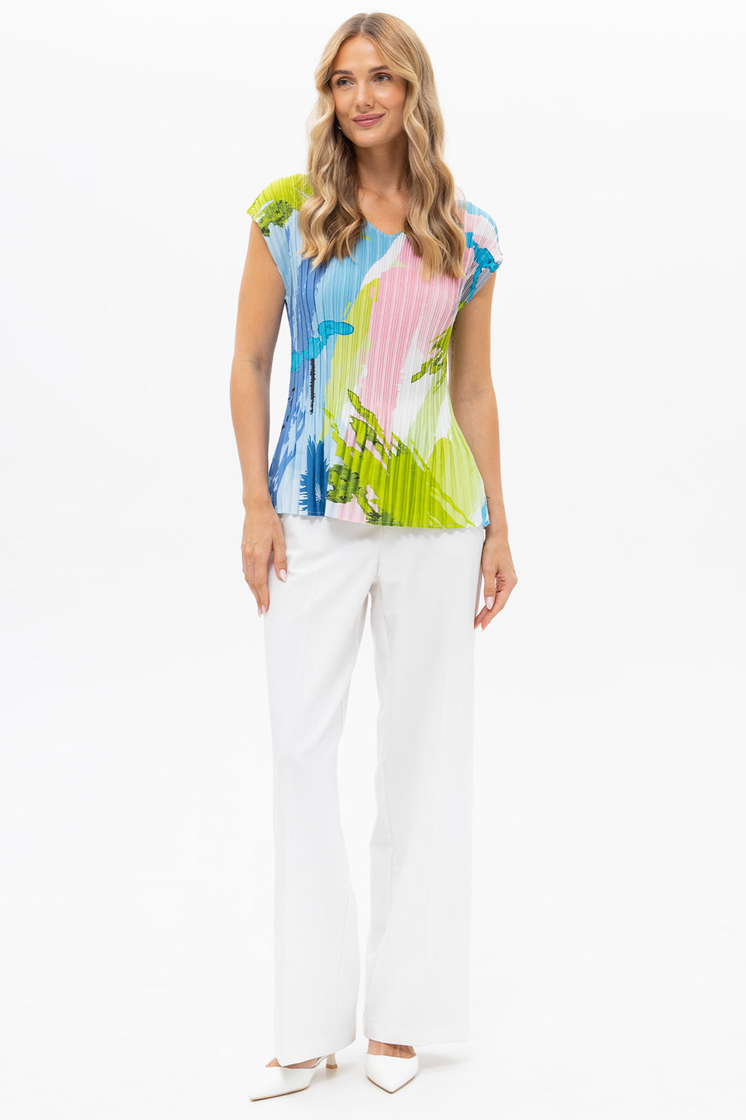 Passioni 19190 Green Multicolour Abstract Print Plisse Top