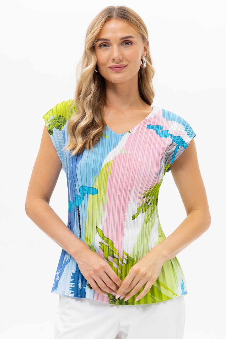 Passioni 19190 Green Multicolour Abstract Print Plisse Top