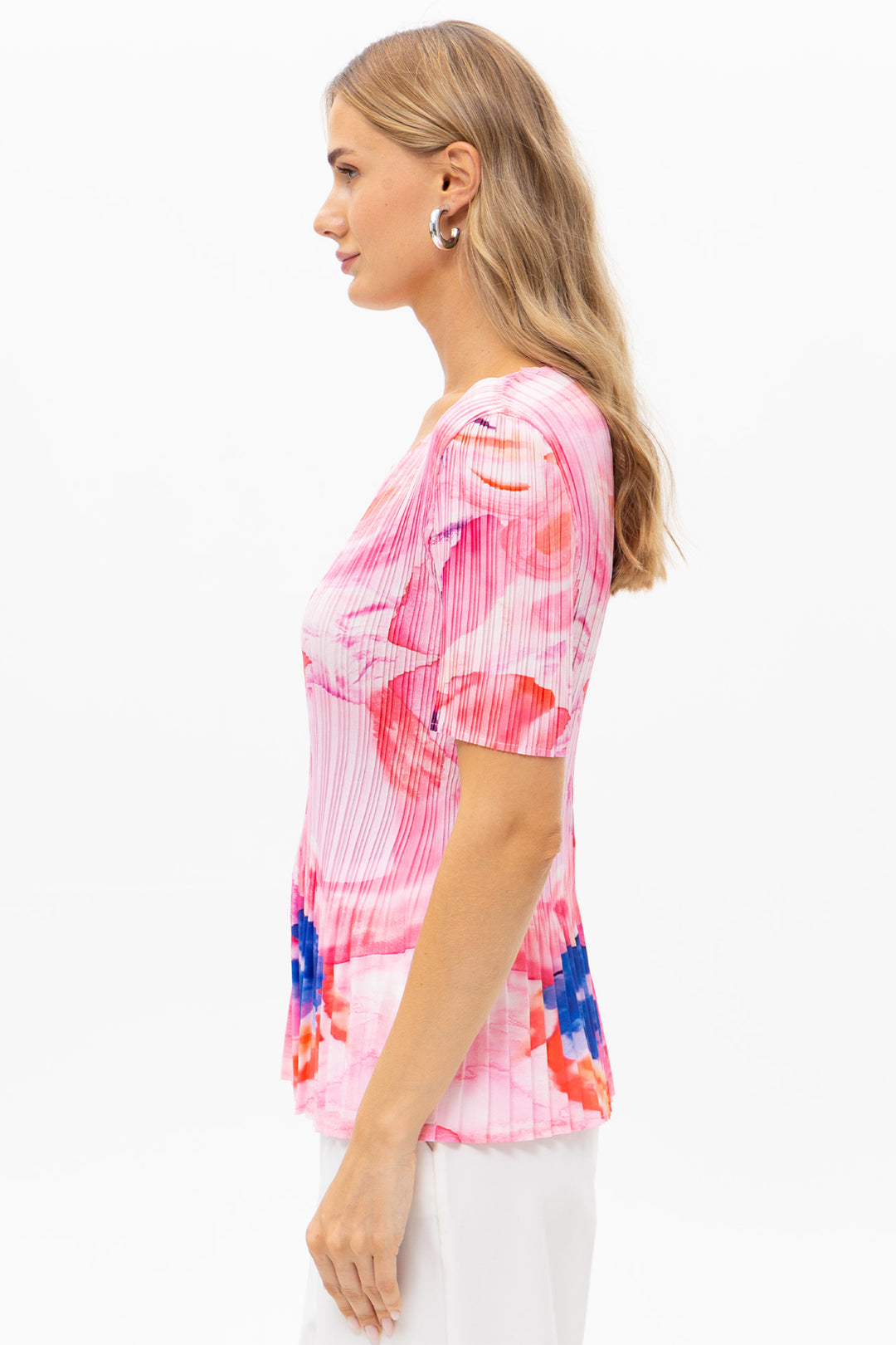 Passioni 19192 Pink Water Colour Print Plissé Short Sleeve Top