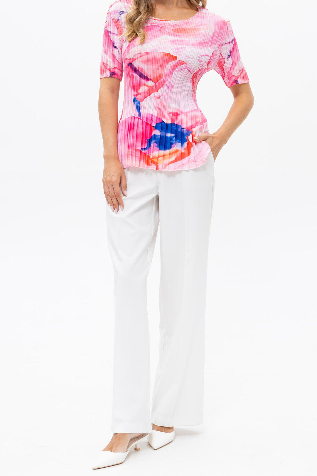 Passioni 19192 Pink Water Colour Print Plissé Short Sleeve Top
