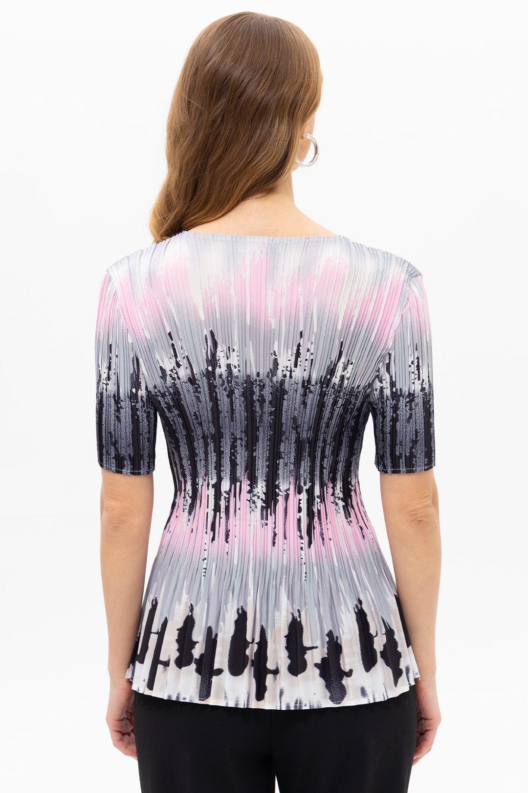 Passioni 19194 Rose Pink Grey Abstract Print Pleated Top