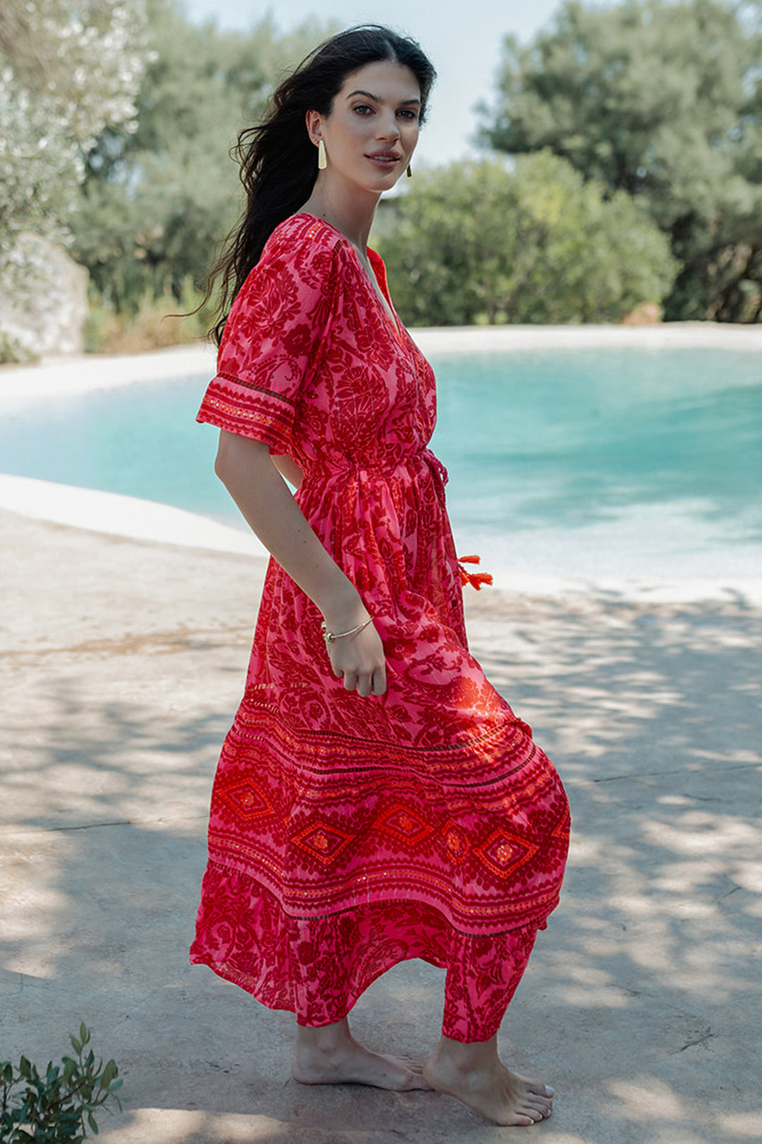 Piti Cuiti L-146 Pink Red Print Summer Shirt Dress