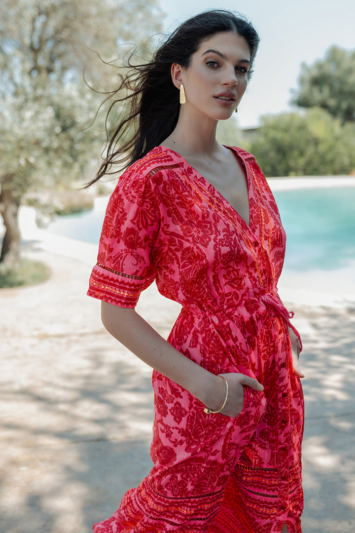 Piti Cuiti L-146 Pink Red Print Summer Shirt Dress