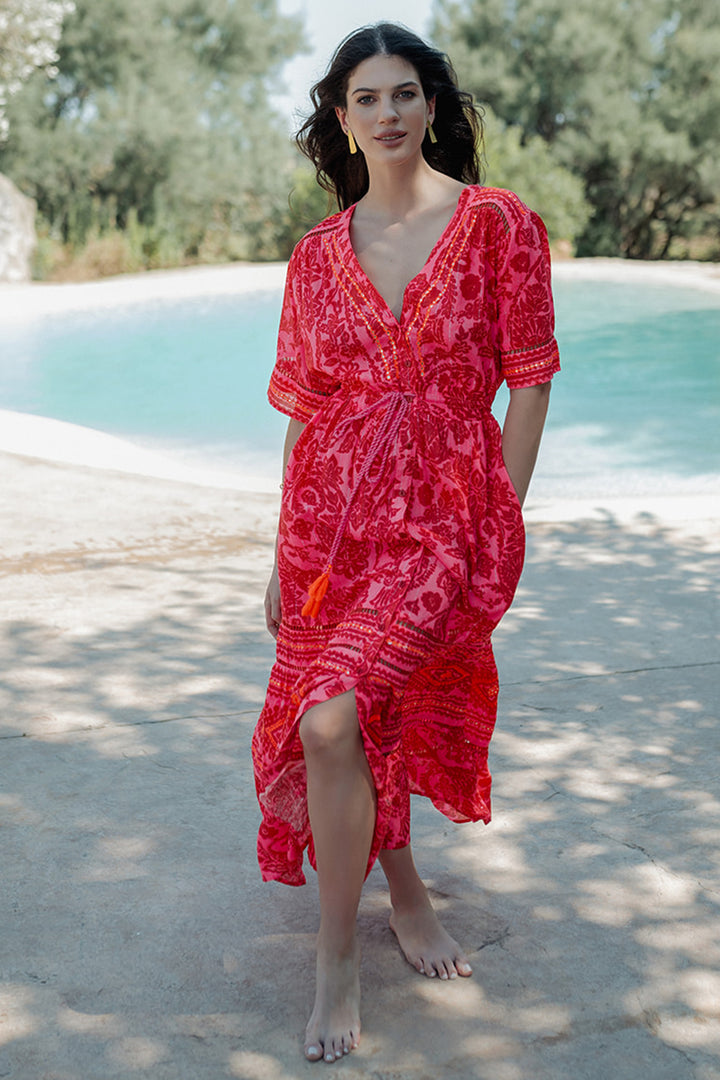 Piti Cuiti L-146 Pink Red Print Summer Shirt Dress