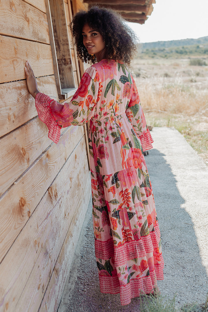 Piti Cuiti L-152 Pink Red Floral Print Summer Maxi Dress