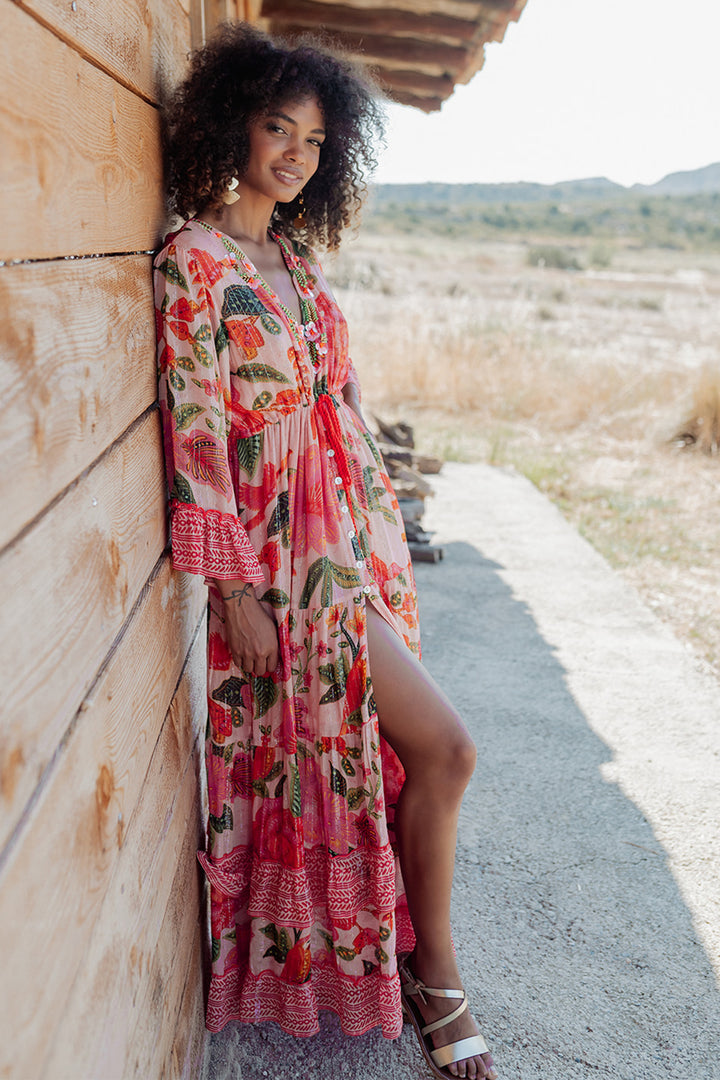Piti Cuiti L-152 Pink Red Floral Print Summer Maxi Dress