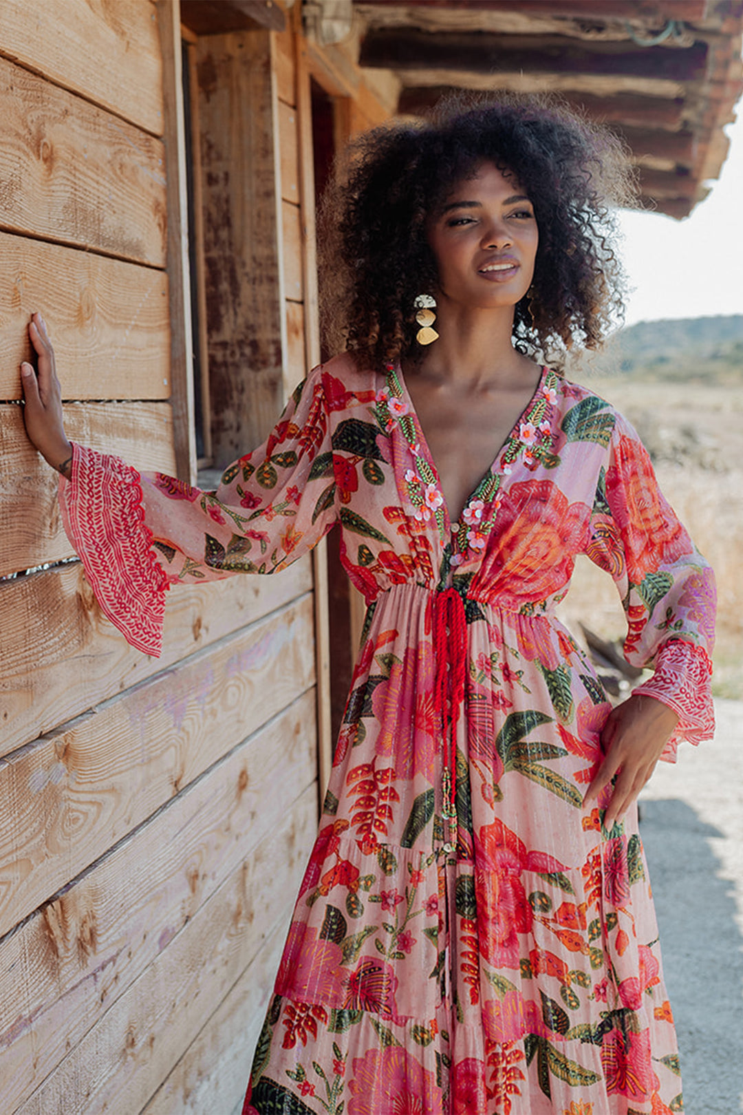 Piti Cuiti L-152 Pink Red Floral Print Summer Maxi Dress