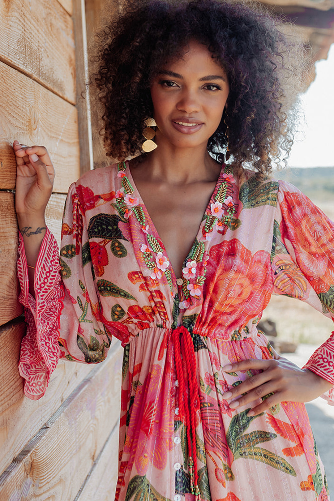 Piti Cuiti L-152 Pink Red Floral Print Summer Maxi Dress