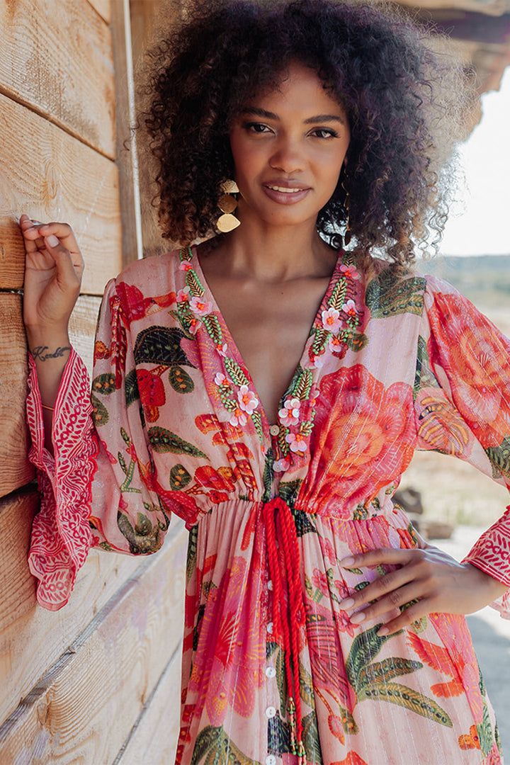 Piti Cuiti L-152 Pink Red Floral Print Summer Maxi Dress