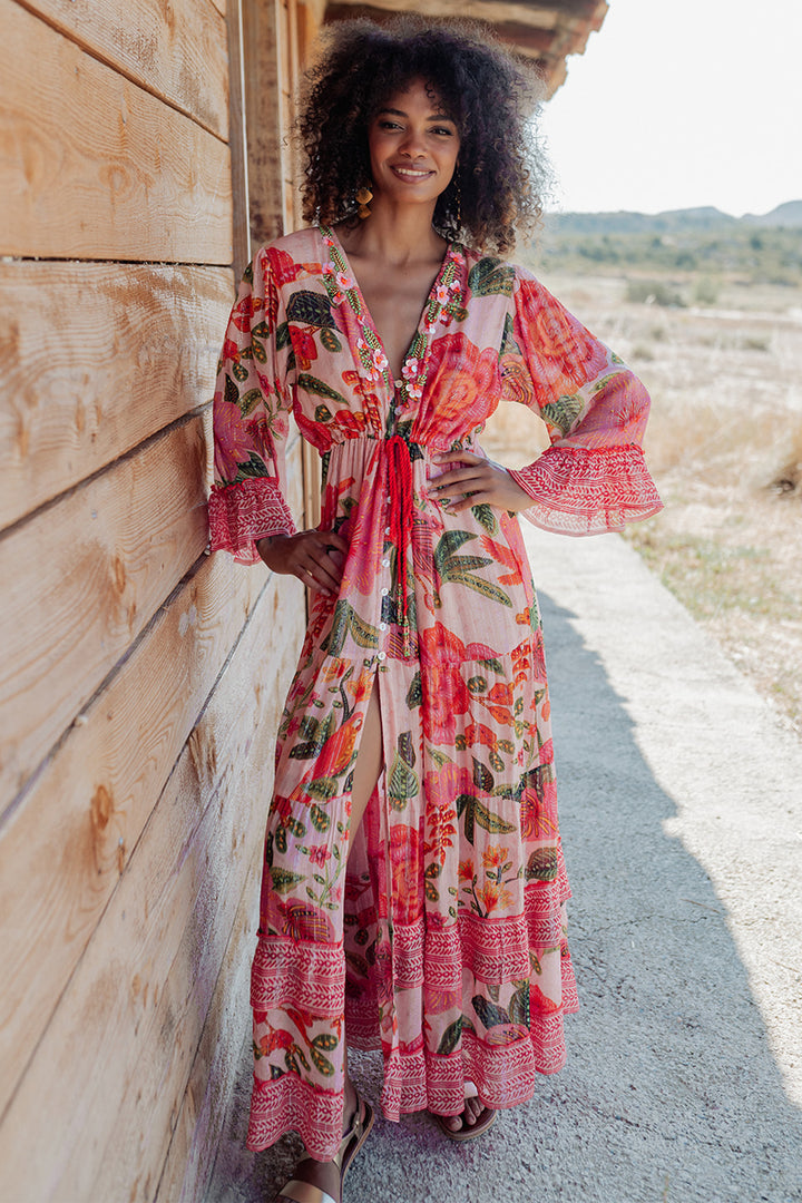 Piti Cuiti L-152 Pink Red Floral Print Summer Maxi Dress