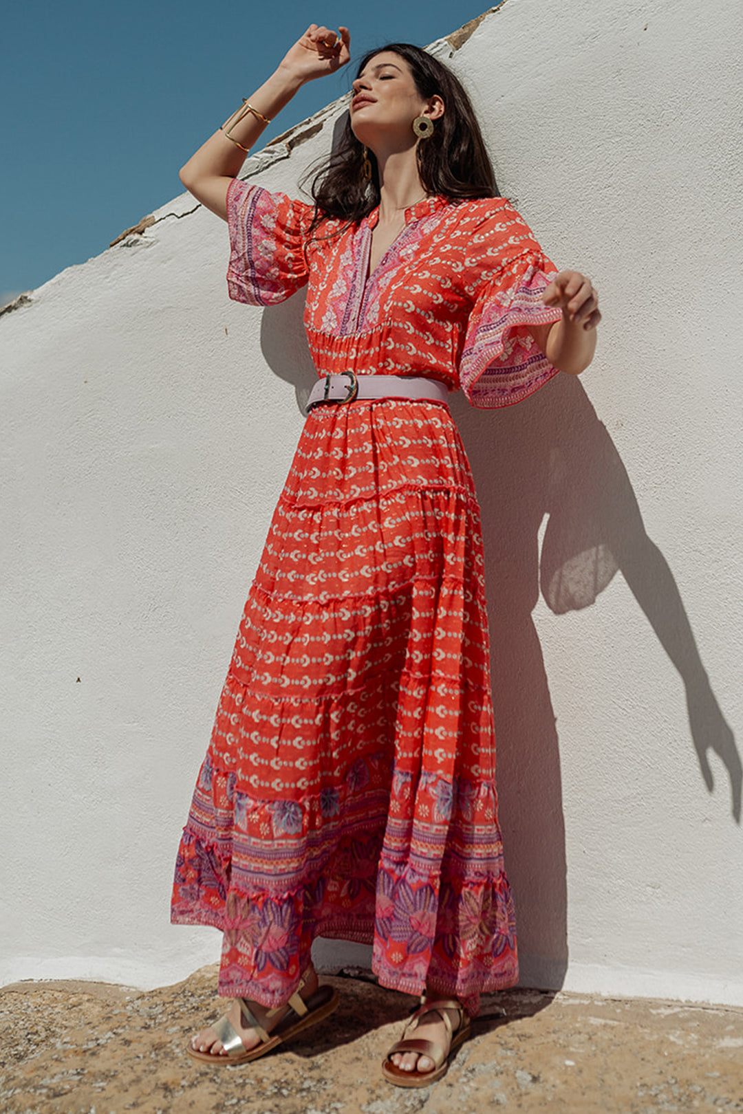 Piti Cuiti L-300 Orange Print Summer Maxi Dress