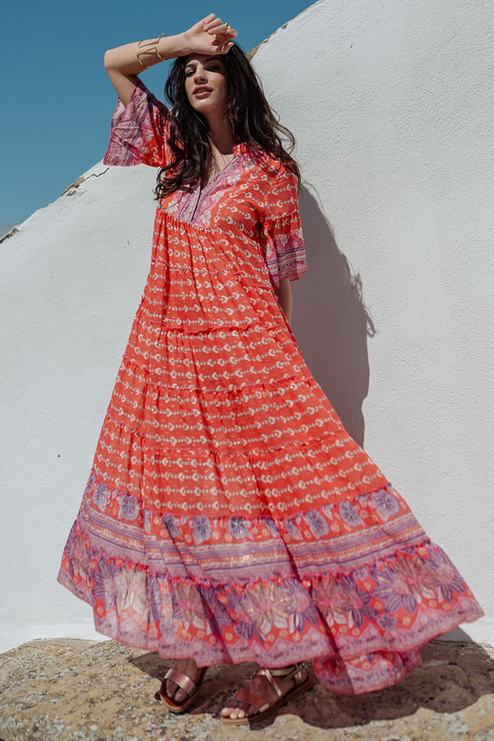 Piti Cuiti L-300 Orange Print Summer Maxi Dress