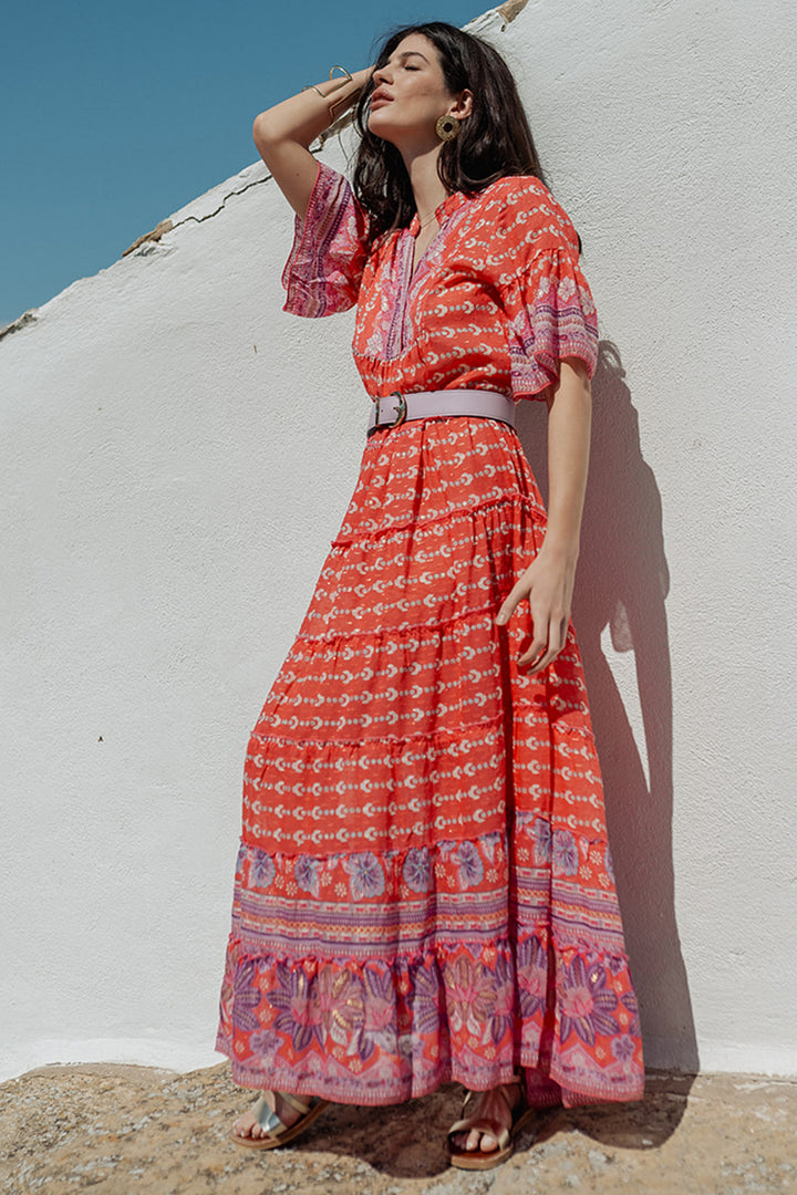 Piti Cuiti L-300 Orange Print Summer Maxi Dress