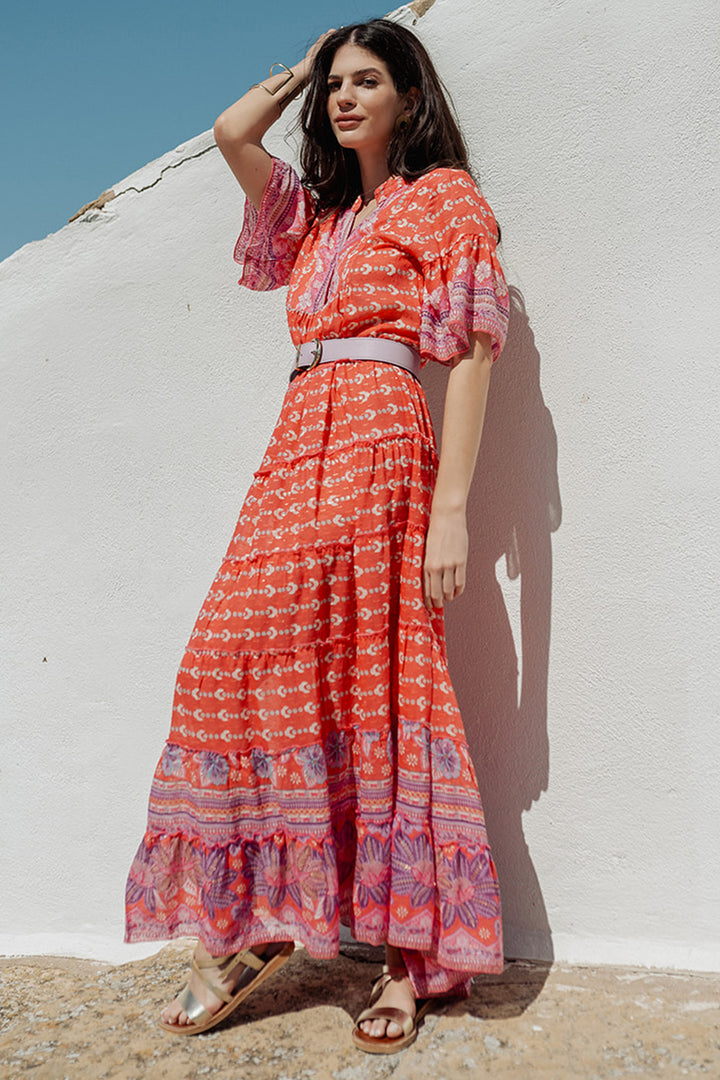 Piti Cuiti L-300 Orange Print Summer Maxi Dress