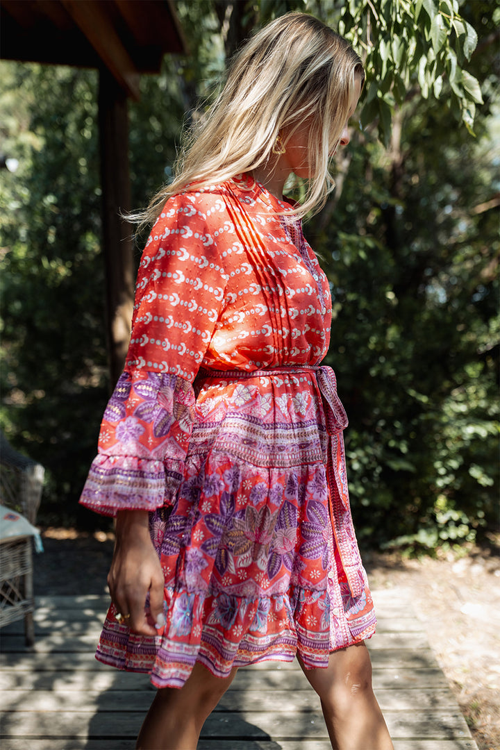 Piti Cuiti L-301 Orange Multicolour Print Short Summer Shirt Dress