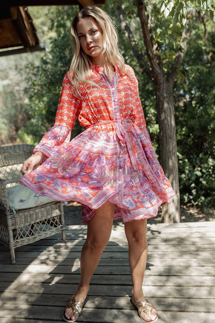 Piti Cuiti L-301 Orange Multicolour Print Short Summer Shirt Dress