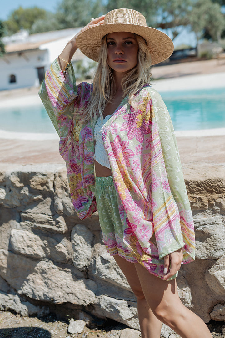 Piti Cuiti L-307 Green Multicolour Short Kimono Cover Up Jacket