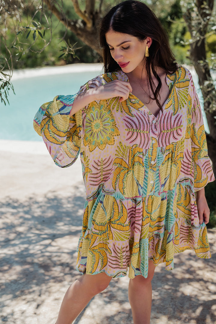 Piti Cuiti L-318 Pink Multicolour Short Summer Dress