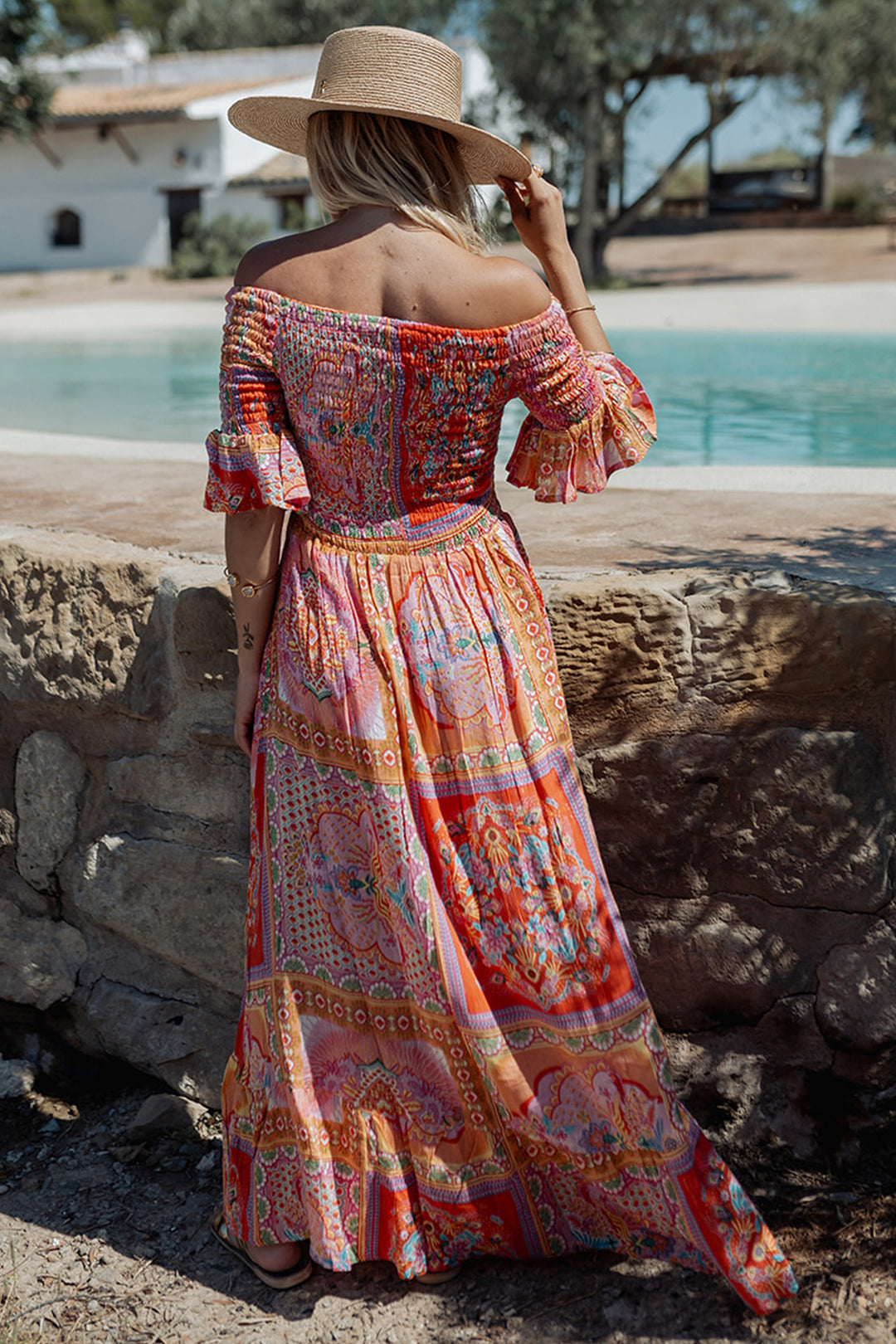 Piti Cuiti L-336 Orange Print Shirred Off-The-Shoulder Summer Dress