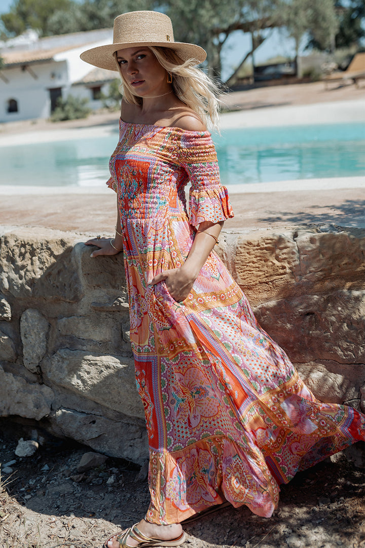Piti Cuiti L-336 Orange Print Shirred Off-The-Shoulder Summer Dress