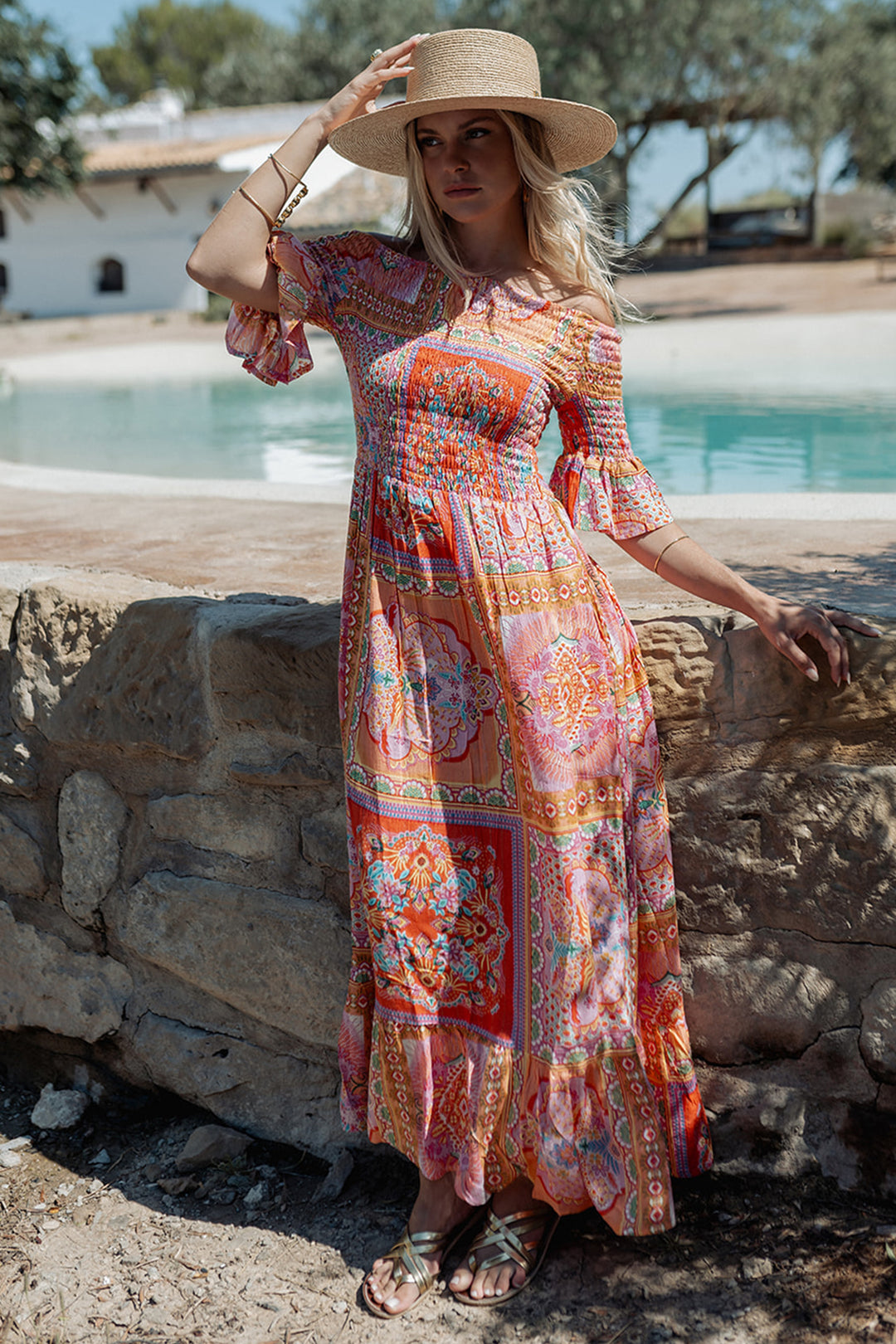 Piti Cuiti L-336 Orange Print Shirred Off-The-Shoulder Summer Dress