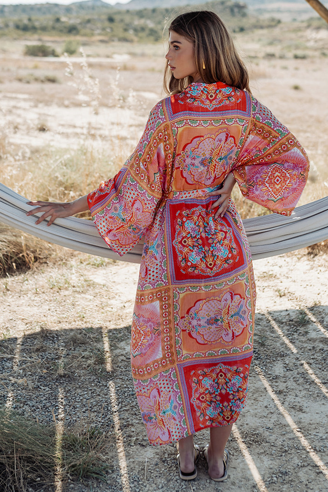 Piti Cuiti L-338 Pink Print Long Kimono Cover Up