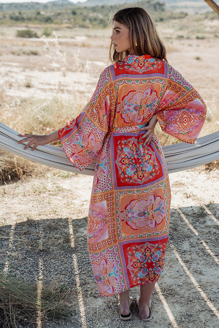 Piti Cuiti L-338 Pink Print Long Kimono Cover Up