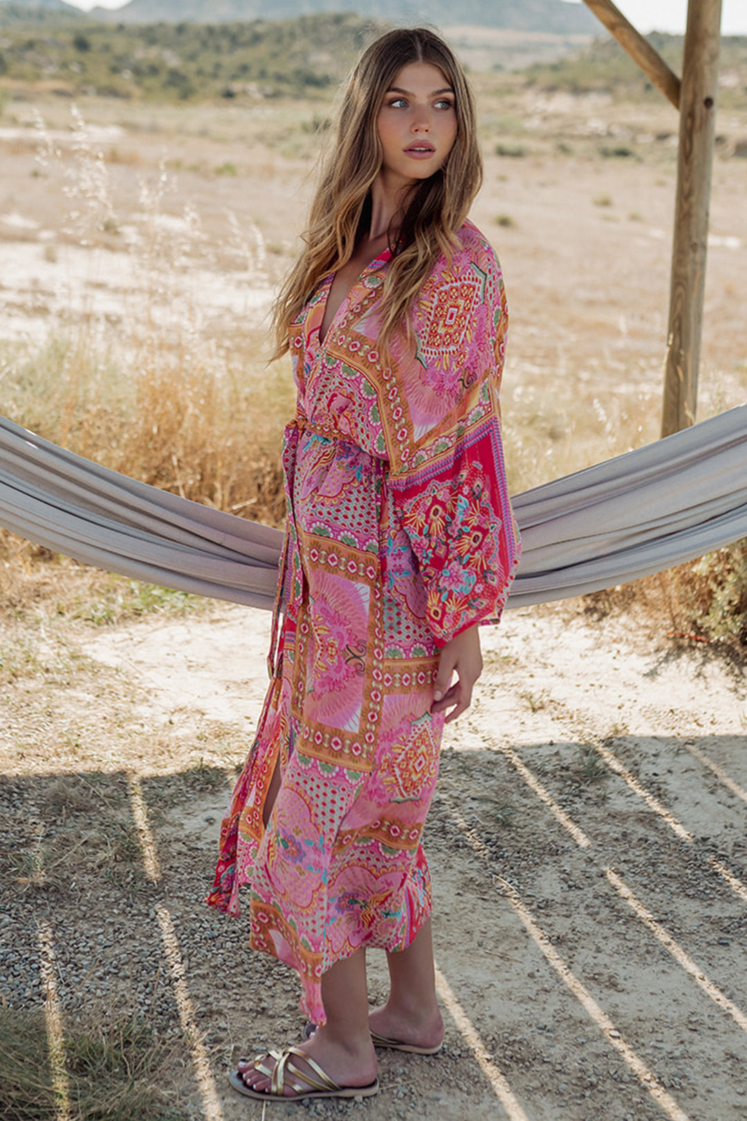 Piti Cuiti L-338 Pink Print Long Kimono Cover Up