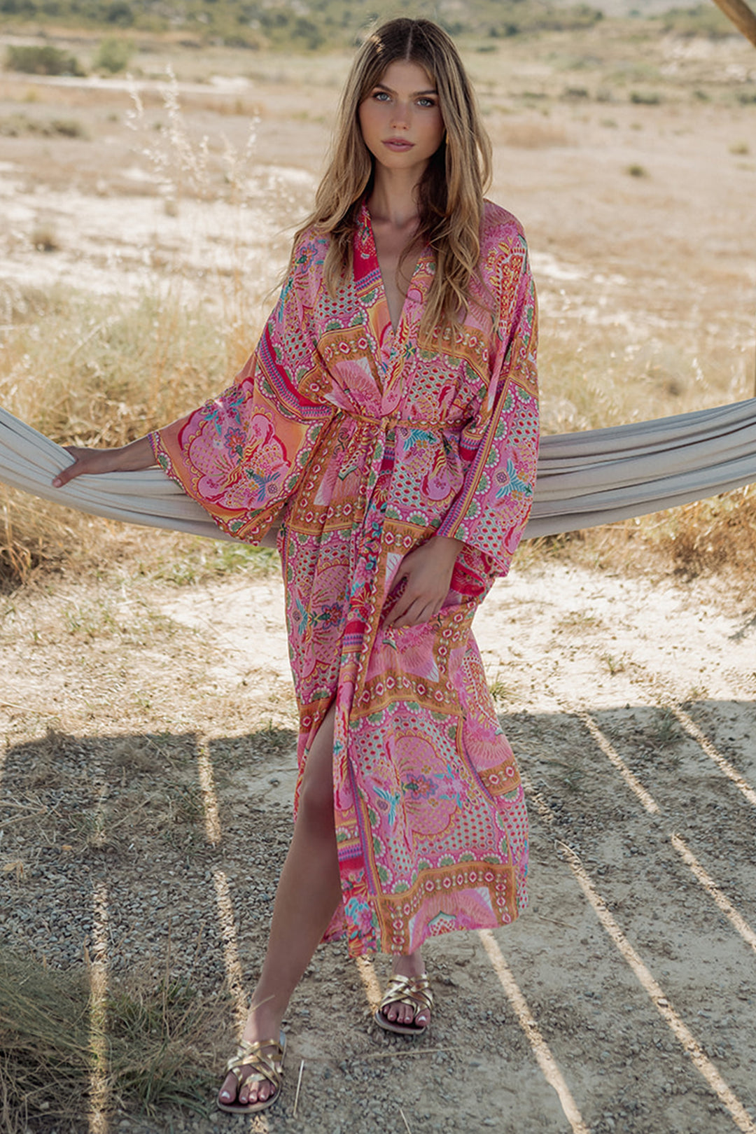 Piti Cuiti L-338 Pink Print Long Kimono Cover Up