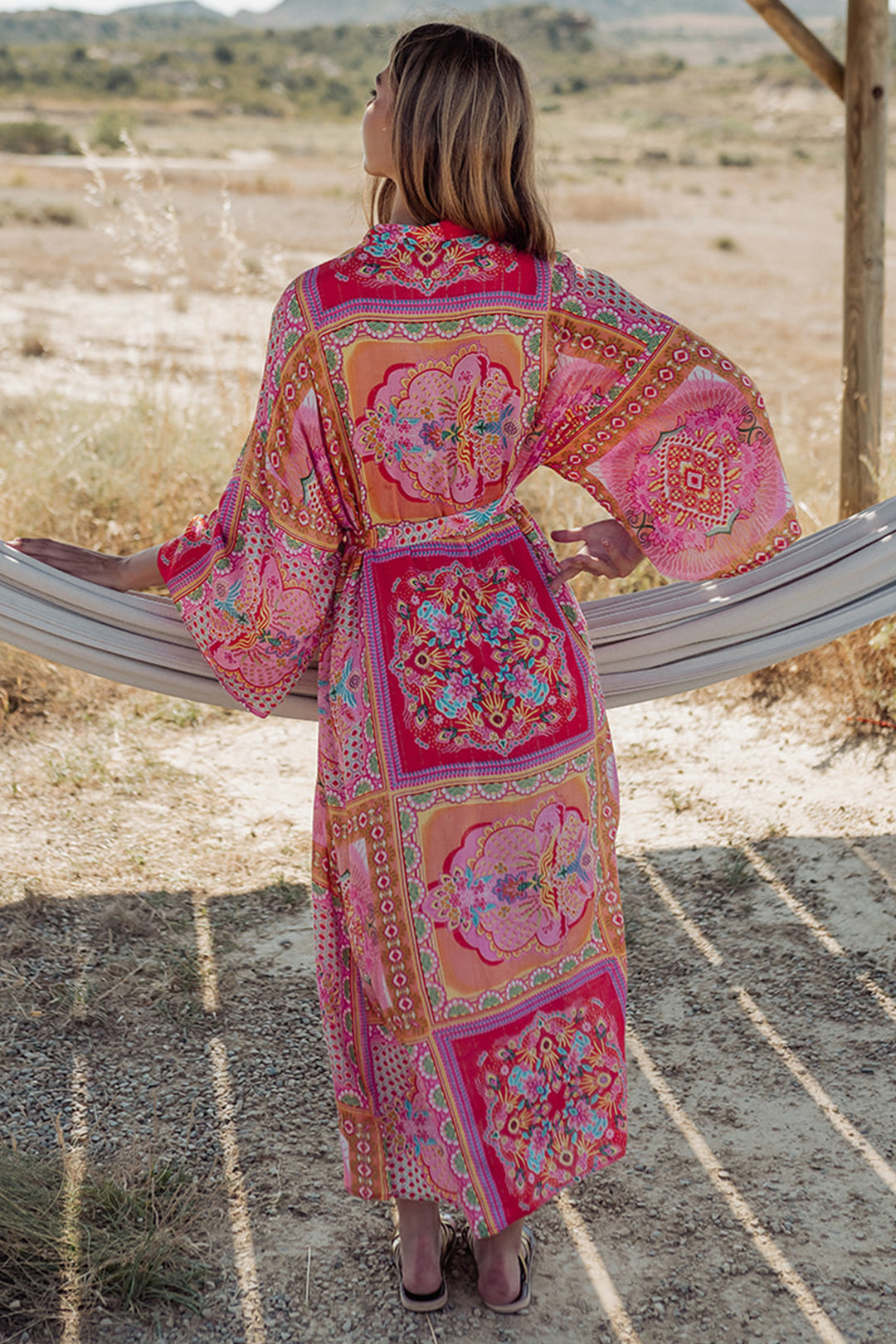 Piti Cuiti L-338 Pink Print Long Kimono Cover Up