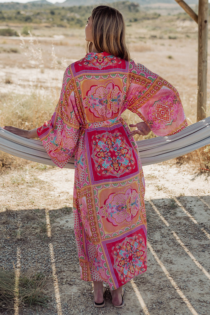 Piti Cuiti L-338 Pink Print Long Kimono Cover Up