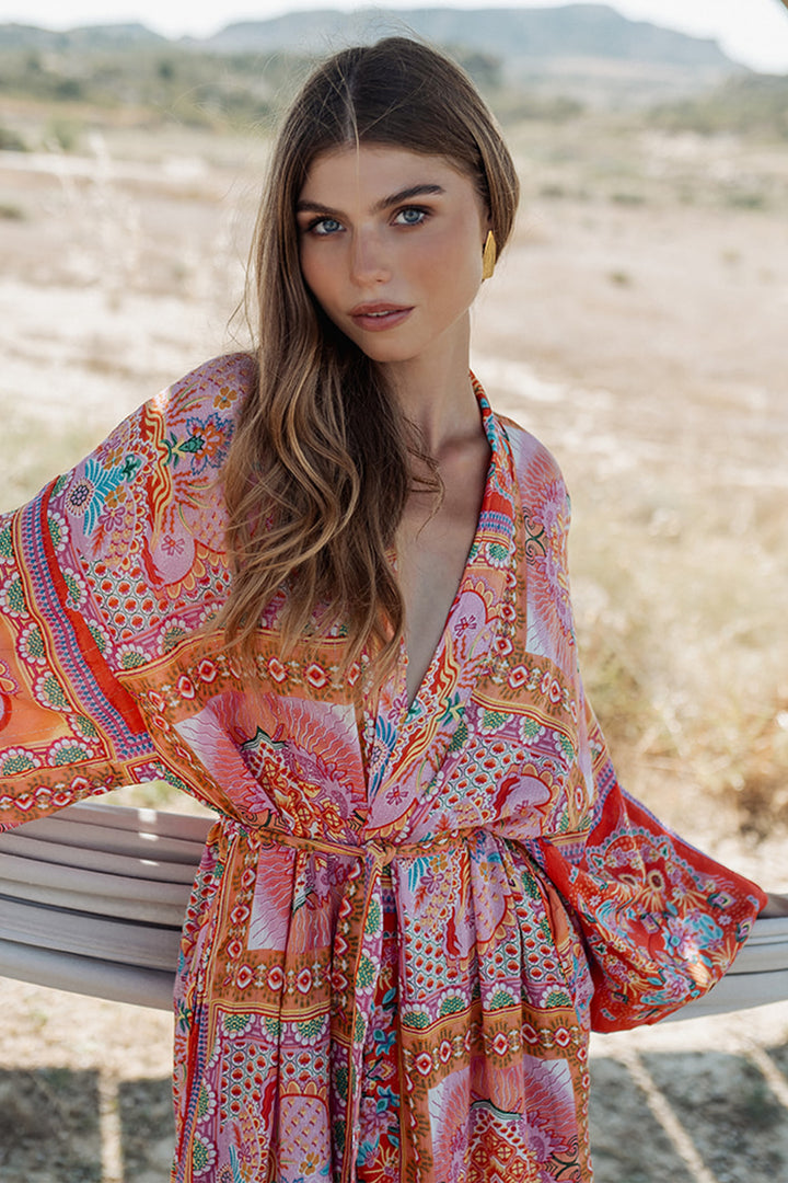 Piti Cuiti L-338 Pink Print Long Kimono Cover Up