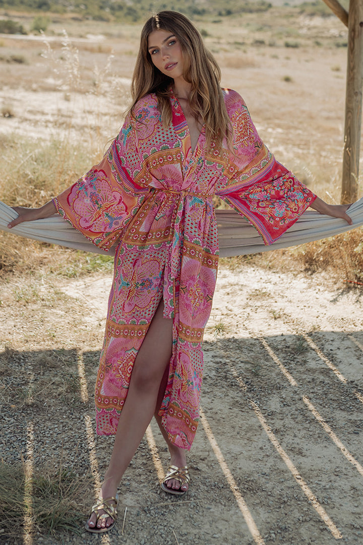 Piti Cuiti L-338 Pink Print Long Kimono Cover Up