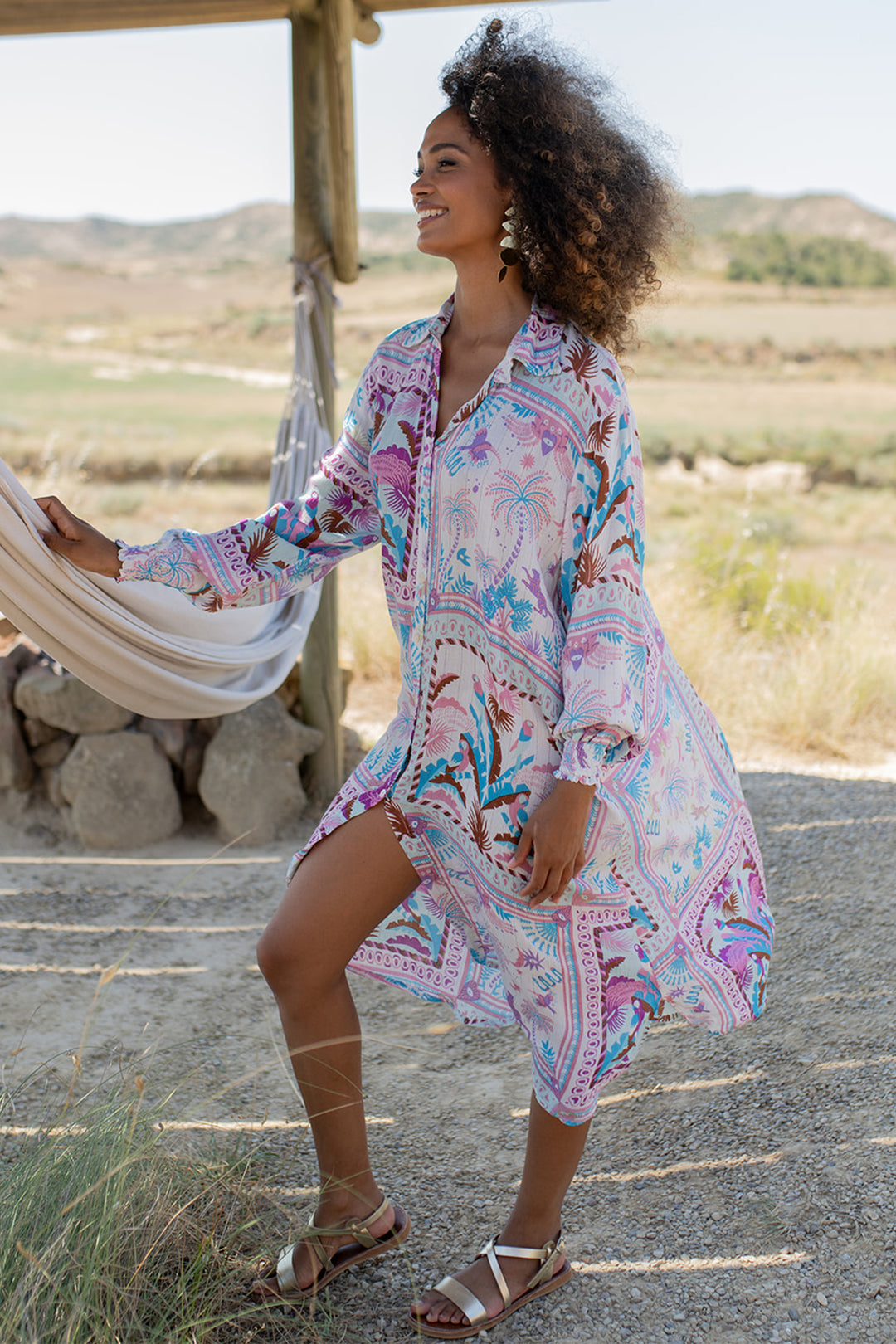 Piti Cuiti L-370 White Lilac Print Summer Shirt Dress Cover Up