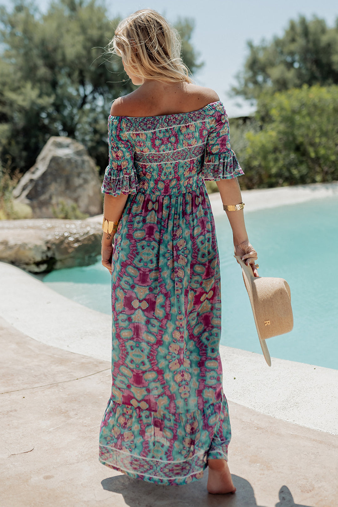 Piti Cuiti L-376 Blue Pink Print Shirred Off-The-Shoulder Summer Dress