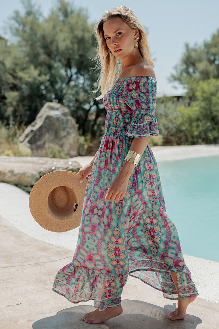 Piti Cuiti L-376 Blue Pink Print Shirred Off-The-Shoulder Summer Dress