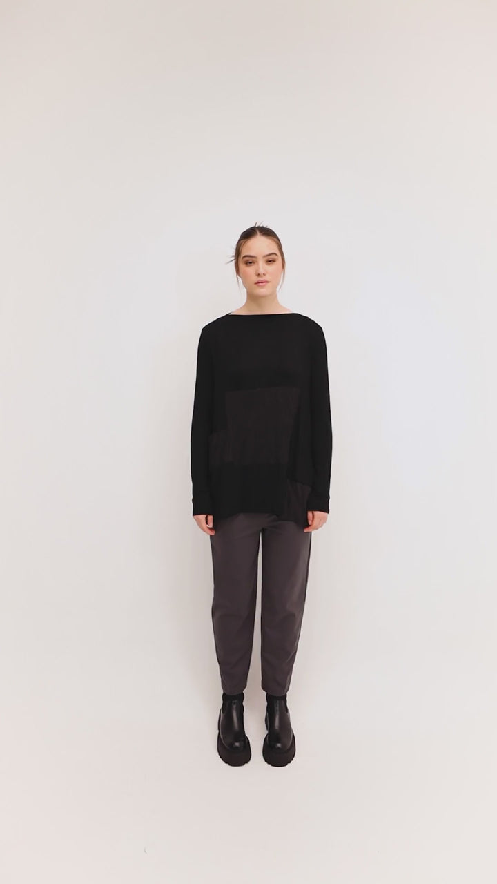 Ozai N Ku 744 049 Black Long Sleeve Crinkle Top