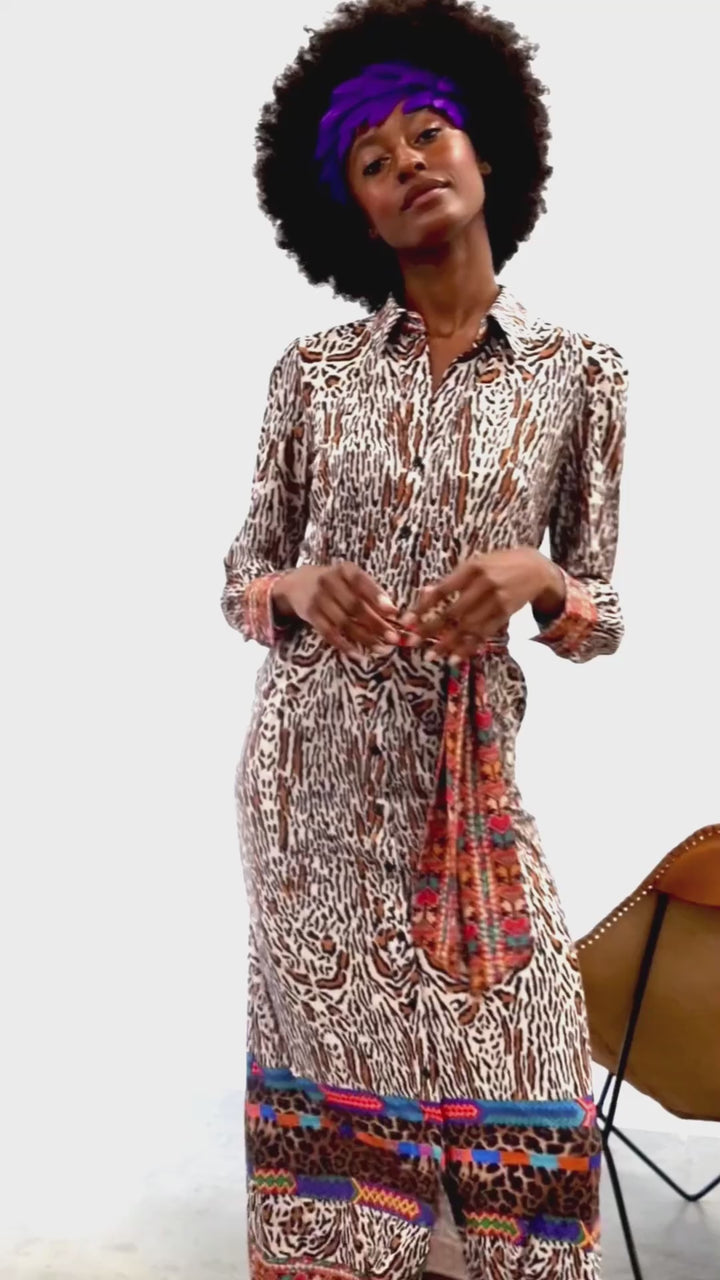 K Design X345 Brown Leopard Print Maxi Shirt Dress - Experience Boutique