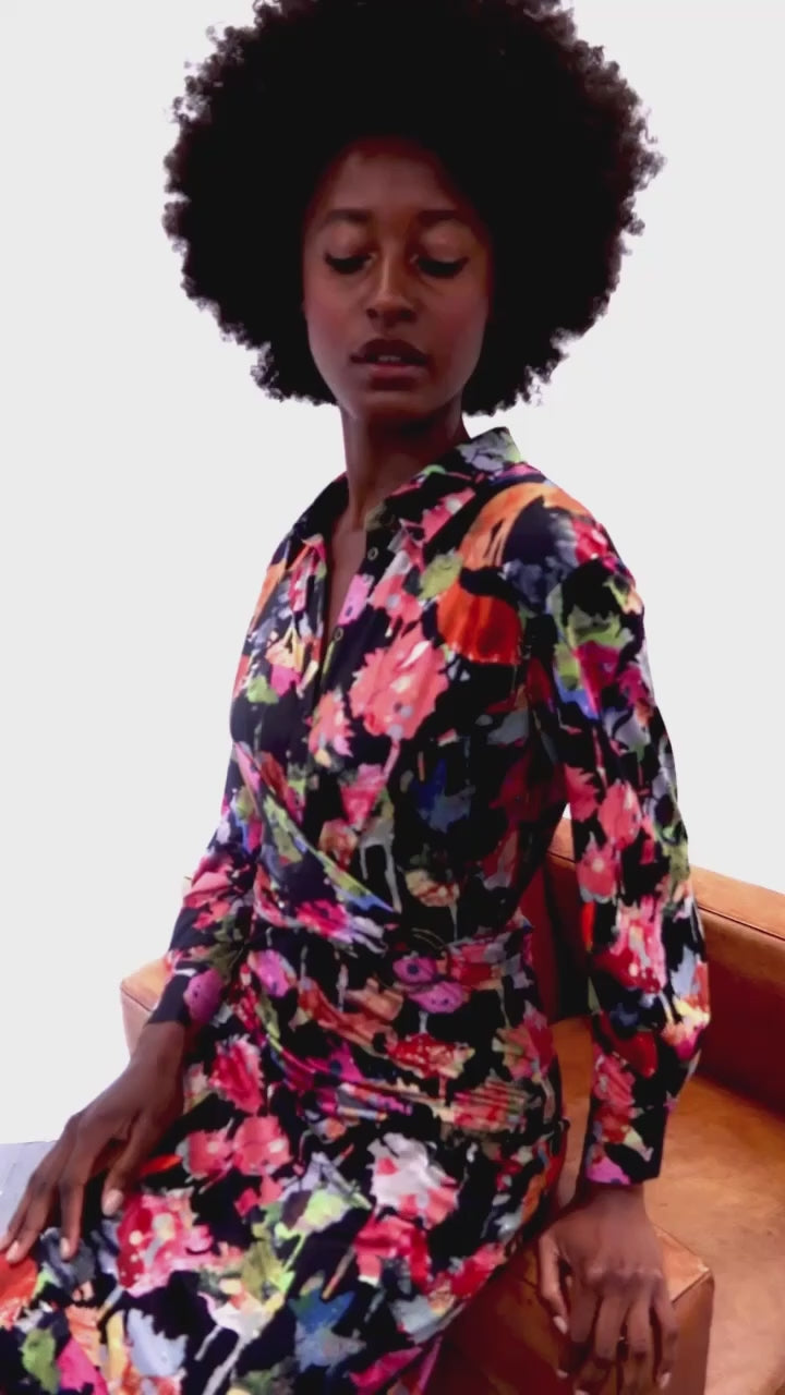 K Design X221 Black Multicolour Floral Print Dress With Wrap Belt - Experience Boutique