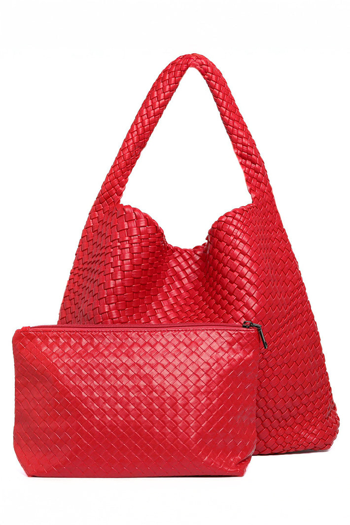 Red woven handbag with matching pouch on a white background