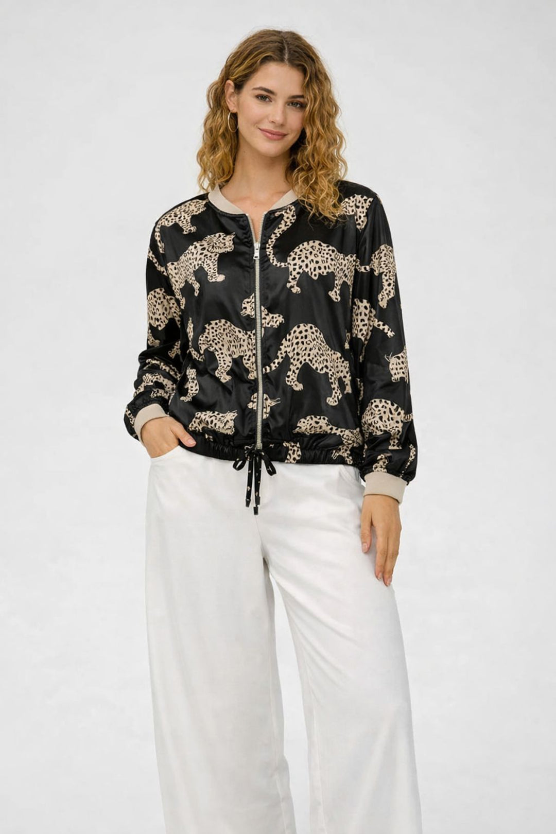 Black Leopard Satin Bomber